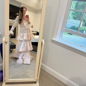 Elegant Pink and White Zimmerman Ruffled Maxi Dress- silk and linen blend